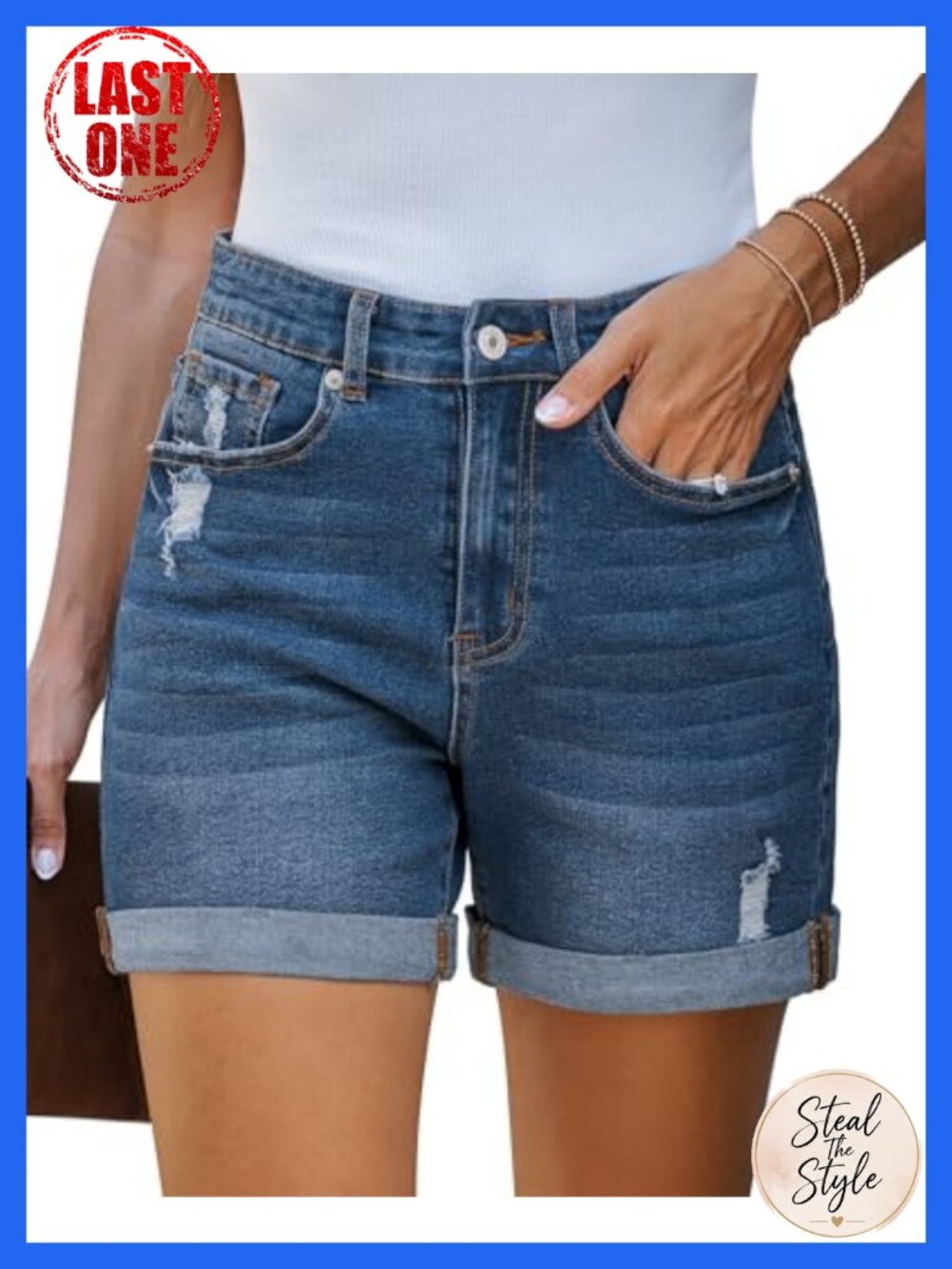High Waisted Rolled Hem Distressed Denim Shorts for Women, Ripped Jorts with 5